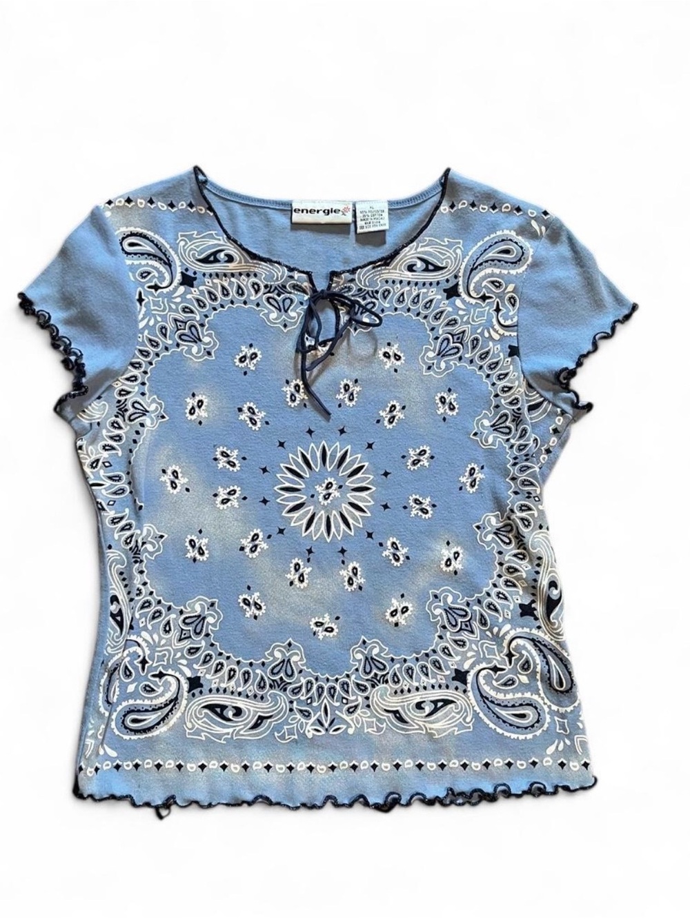 Y2K Energie Blue Paisley-Print Short Sleeve Tie-Front Top